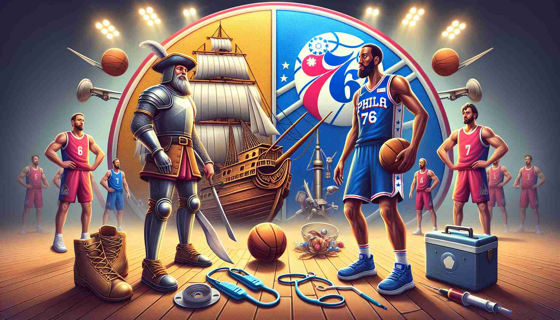 High-definition, realistic illustration of an underdog basketball team, represented by emblems of a 17th-century English ship and a 1946 industrial worker, signifying 76ers, face off an undefeated team symbolized by a medieval cavalier, in the middle of an intense game. The atmosphere should show signs of a crisis, possibly represented by medical equipment scattered or a player wearing a support brace, showing the severity of the situation.