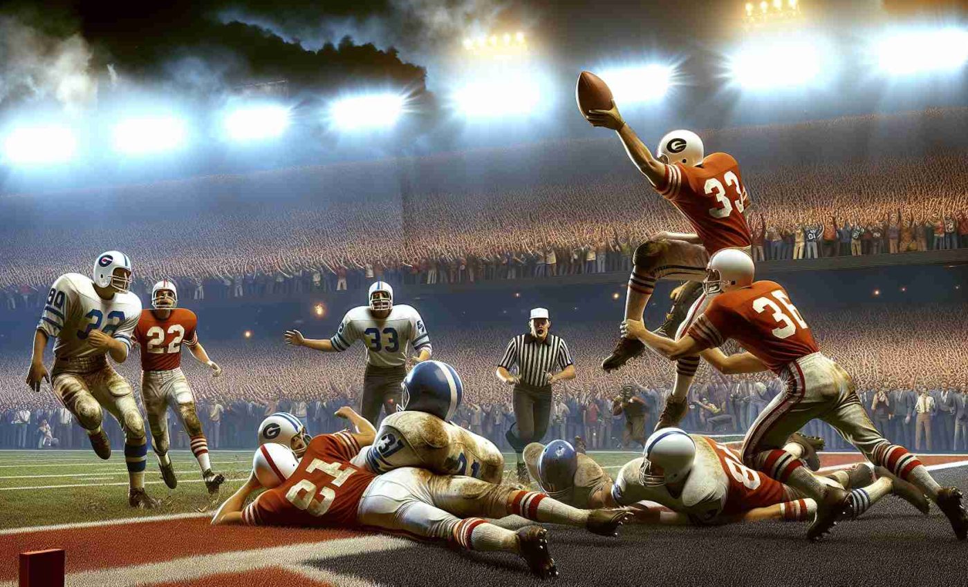 Generate HD photo-like illustrative imagery depicting a thrilling scene from an unforgettable week 9 from an unnamed but well-known American football league. Show a historic highlight moment: players in intense action, both offense and defense; a player attempting to score a touchdown while others trying to stop him. Include a crowded audience, filled stadium under bright lights. Ensure realism in depiction of the scenario capturing the profound excitement and tension inherent to such sport events.