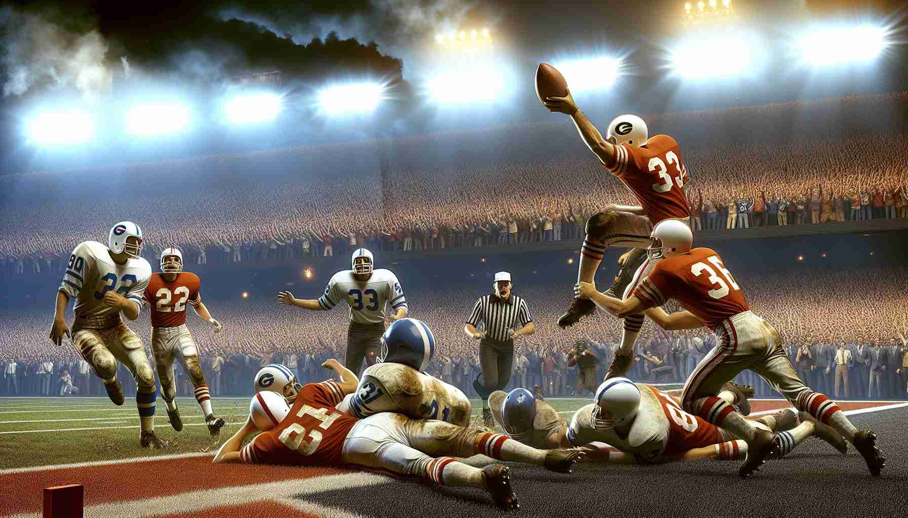 Generate HD photo-like illustrative imagery depicting a thrilling scene from an unforgettable week 9 from an unnamed but well-known American football league. Show a historic highlight moment: players in intense action, both offense and defense; a player attempting to score a touchdown while others trying to stop him. Include a crowded audience, filled stadium under bright lights. Ensure realism in depiction of the scenario capturing the profound excitement and tension inherent to such sport events.