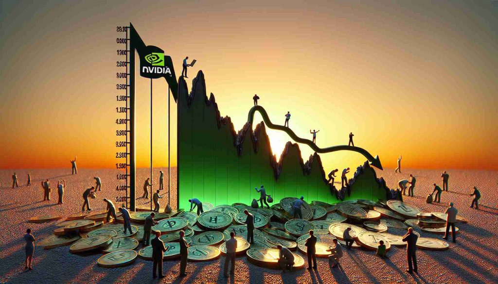 A conceptual illustration of the sudden drop in Nvidia stock as an unexpected opportunity for investors. The image should show a curved graph in a dramatic downward slope, symbolizing the drop in Nvidia's stock. There should be miniature figures at the base of the graph, symbolizing investors. Some are studying the graph with interest, while others are gathering 'stock' from the ground as if it were treasure. The setting is a serene evening with the orange sky in the background.