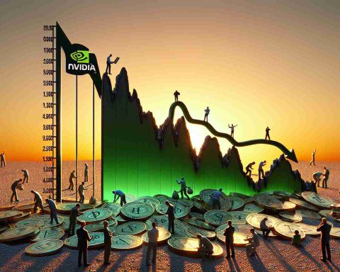 A conceptual illustration of the sudden drop in Nvidia stock as an unexpected opportunity for investors. The image should show a curved graph in a dramatic downward slope, symbolizing the drop in Nvidia's stock. There should be miniature figures at the base of the graph, symbolizing investors. Some are studying the graph with interest, while others are gathering 'stock' from the ground as if it were treasure. The setting is a serene evening with the orange sky in the background.