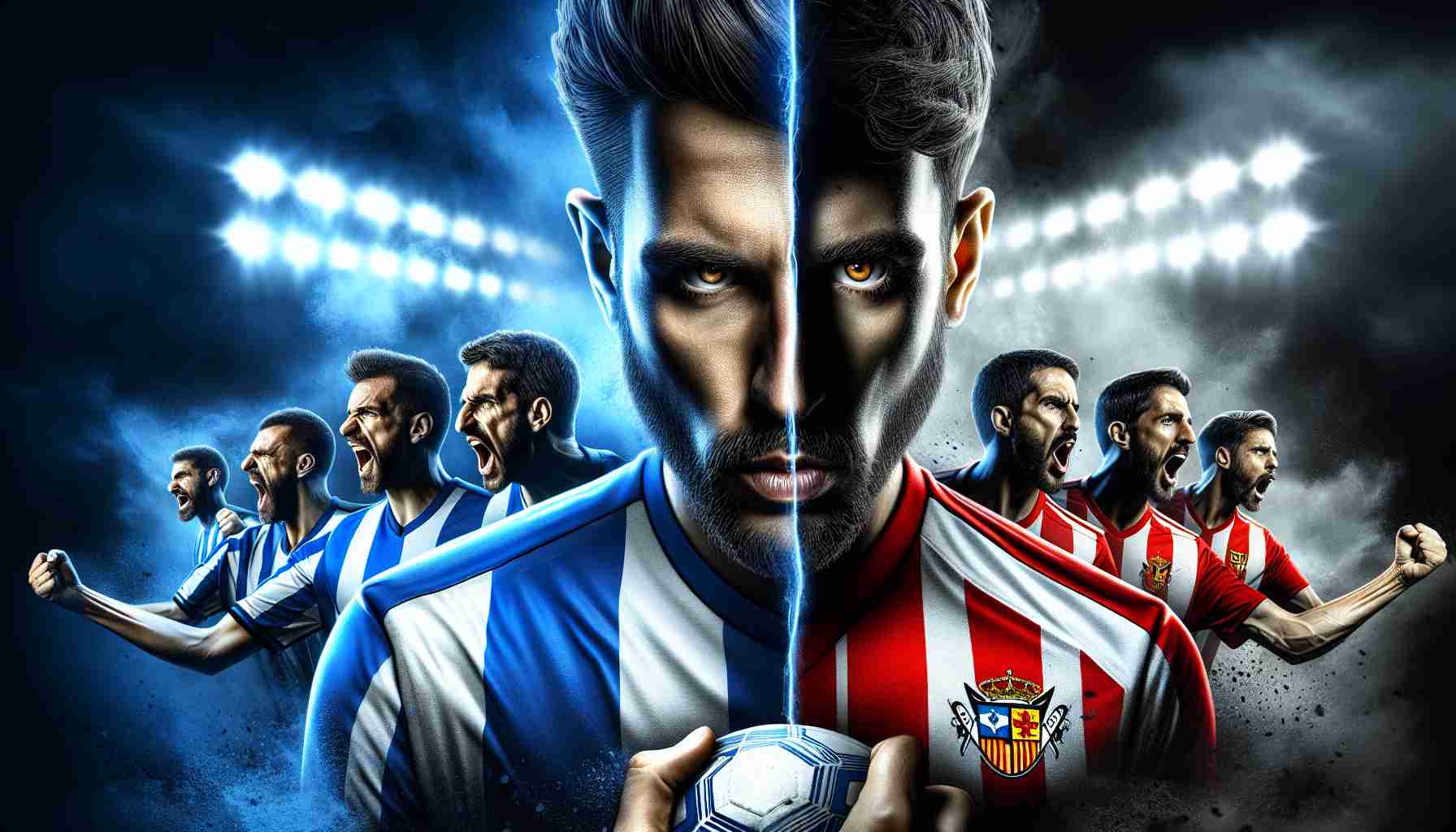 A realistic scene of a high definition image symbolizing a key clash in football. One side is filled with desperate energy, represented by the unbowed team known as Alavés, their eyes aglow with steely determination and fervor. The other side, Mallorca, oozes confidence, with their composed posture, radiating assurance and dominance. Feel the tension in the air as these two forces are about to meet in a crucial turning point.