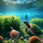 Create a realistic, high-definition image that represents the concept of 'Unlocking the Secrets of Seagrass'. The setting should be an underwater marine world, rich with vibrant seagrass meadows. Include a couple of turtles, of different species and sizes, actively engaging with the seagrass - perhaps one is feeding on the seagrass, while another is nestling within it. Include elements that signify marine conservation, such as a distant human figure, of South Asian descent and masculine gender, observing this interaction, or a symbol indicative of research or protection of marine life.