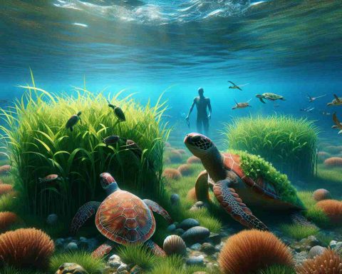 Create a realistic, high-definition image that represents the concept of 'Unlocking the Secrets of Seagrass'. The setting should be an underwater marine world, rich with vibrant seagrass meadows. Include a couple of turtles, of different species and sizes, actively engaging with the seagrass - perhaps one is feeding on the seagrass, while another is nestling within it. Include elements that signify marine conservation, such as a distant human figure, of South Asian descent and masculine gender, observing this interaction, or a symbol indicative of research or protection of marine life.