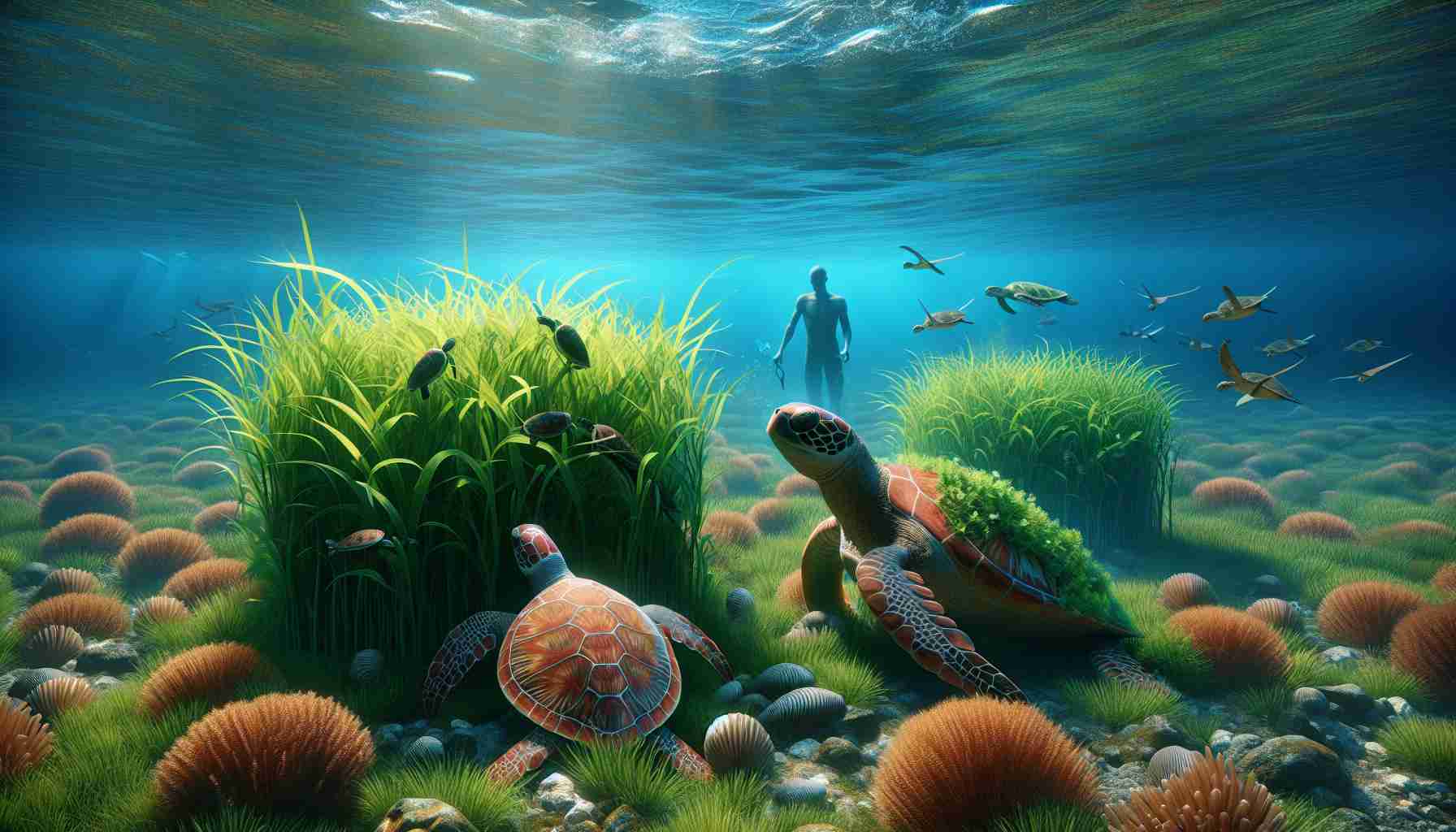 Create a realistic, high-definition image that represents the concept of 'Unlocking the Secrets of Seagrass'. The setting should be an underwater marine world, rich with vibrant seagrass meadows. Include a couple of turtles, of different species and sizes, actively engaging with the seagrass - perhaps one is feeding on the seagrass, while another is nestling within it. Include elements that signify marine conservation, such as a distant human figure, of South Asian descent and masculine gender, observing this interaction, or a symbol indicative of research or protection of marine life.