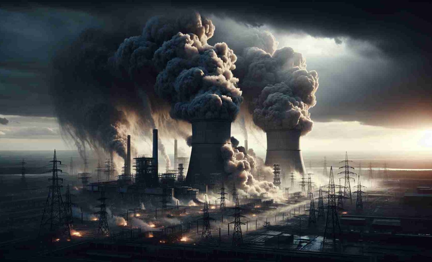 High-definition, realistic depiction of a dire situation in an unnamed Eastern-European country. The scene depicts a new wave of attacks targeting the power infrastructure, leading to significant devastation. Giant power plants emit ominous puffs of smoke against a gloomy sky as they undergo distressing destruction. Lighting captures the immensity and overwhelming nature of the situation, showcasing both the immediate damage and the broader implications for the country and its people.