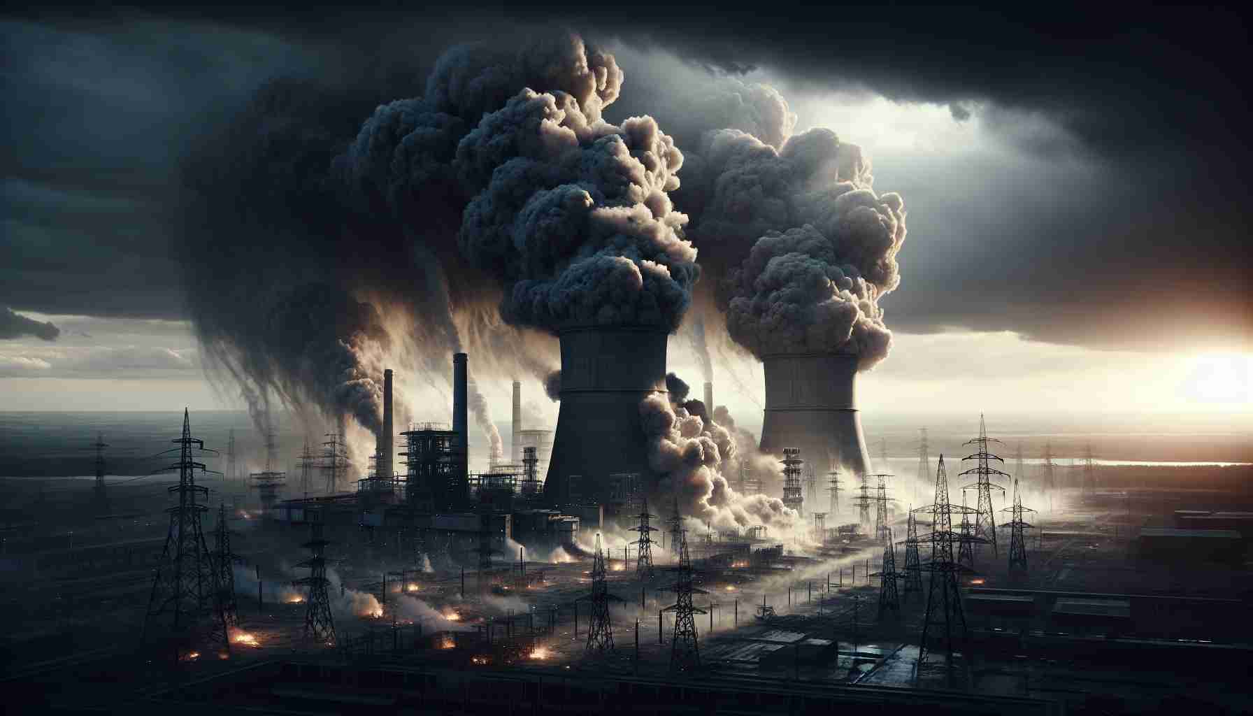 High-definition, realistic depiction of a dire situation in an unnamed Eastern-European country. The scene depicts a new wave of attacks targeting the power infrastructure, leading to significant devastation. Giant power plants emit ominous puffs of smoke against a gloomy sky as they undergo distressing destruction. Lighting captures the immensity and overwhelming nature of the situation, showcasing both the immediate damage and the broader implications for the country and its people.