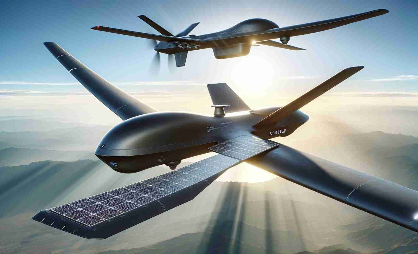 Generate a high-definition, photorealistic image depicting the future of military surveillance. The scene should include two cutting-edge, fictional drones, labelled as 'K1000ULE' and 'Zephyr'. The K1000ULE embodies advanced stealth technology, with a smooth, matte black finish and a streamlined shape for minimizing radar detection. The Zephyr, on the other hand, is a high-altitude solar-powered drone, boasting an impressively large wingspan, covered with solar panels, and a lightweight yet durable construction. These drones are seen flying in a clear, open sky.