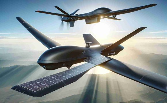 Generate a high-definition, photorealistic image depicting the future of military surveillance. The scene should include two cutting-edge, fictional drones, labelled as 'K1000ULE' and 'Zephyr'. The K1000ULE embodies advanced stealth technology, with a smooth, matte black finish and a streamlined shape for minimizing radar detection. The Zephyr, on the other hand, is a high-altitude solar-powered drone, boasting an impressively large wingspan, covered with solar panels, and a lightweight yet durable construction. These drones are seen flying in a clear, open sky.