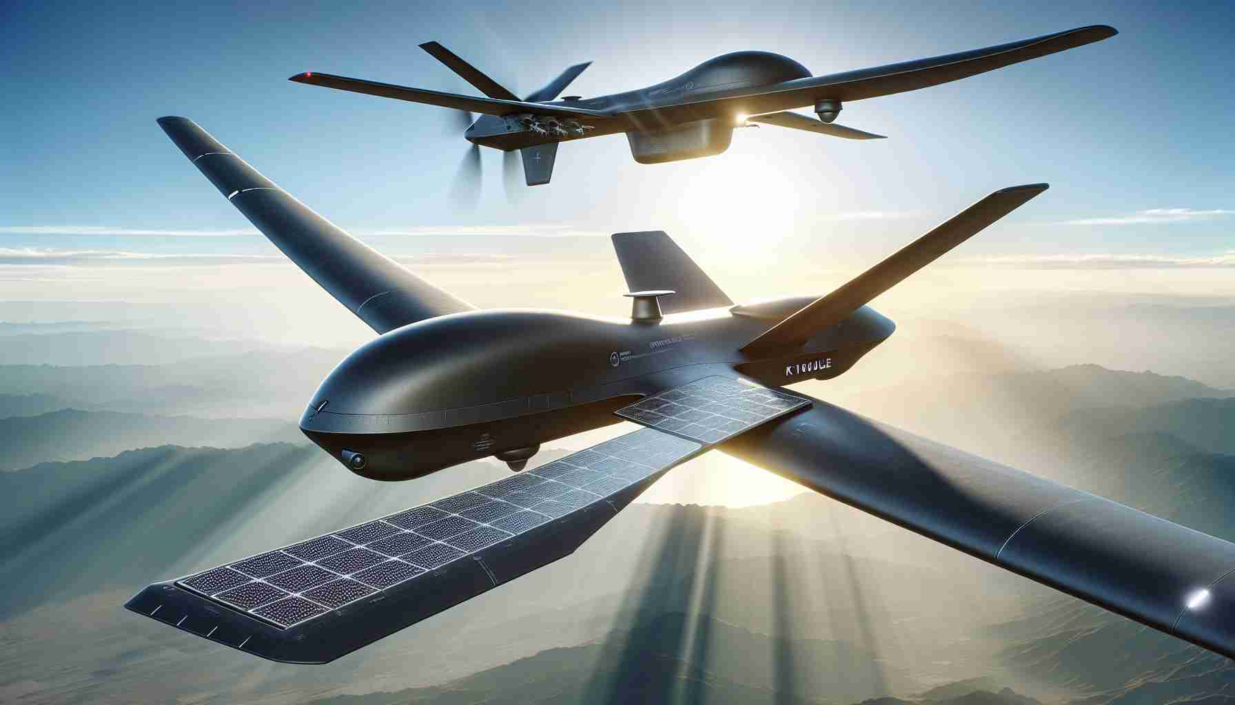 Generate a high-definition, photorealistic image depicting the future of military surveillance. The scene should include two cutting-edge, fictional drones, labelled as 'K1000ULE' and 'Zephyr'. The K1000ULE embodies advanced stealth technology, with a smooth, matte black finish and a streamlined shape for minimizing radar detection. The Zephyr, on the other hand, is a high-altitude solar-powered drone, boasting an impressively large wingspan, covered with solar panels, and a lightweight yet durable construction. These drones are seen flying in a clear, open sky.