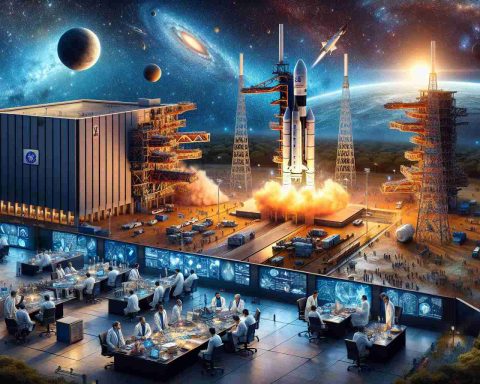 A high-definition, realistic image representing a groundbreaking scientific mission by the Indian Space Research Organization (ISRO). It features a view of the space agency where scientists of various descents are actively working on mission preparations. Also shown is a visually striking launch site with a rocket poised for launch against a backdrop of a darkened sky lit by stars, reflecting the exploration of solar secrets. Details include the ISRO insignia, scientists engrossed in discussion, the powerful rocket and accompanying launch pad, and the mystical expanse of the universe beyond.