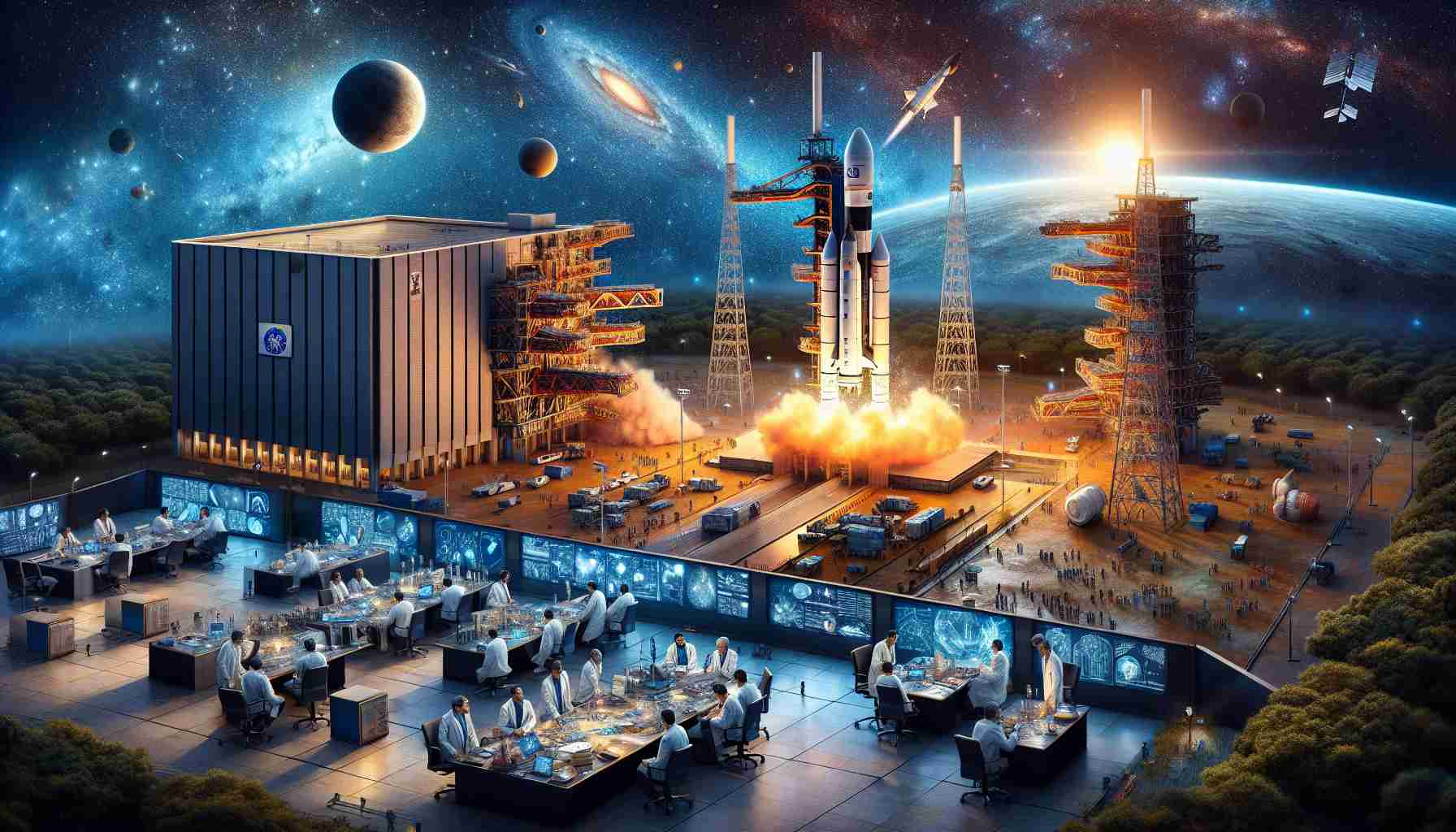 A high-definition, realistic image representing a groundbreaking scientific mission by the Indian Space Research Organization (ISRO). It features a view of the space agency where scientists of various descents are actively working on mission preparations. Also shown is a visually striking launch site with a rocket poised for launch against a backdrop of a darkened sky lit by stars, reflecting the exploration of solar secrets. Details include the ISRO insignia, scientists engrossed in discussion, the powerful rocket and accompanying launch pad, and the mystical expanse of the universe beyond.