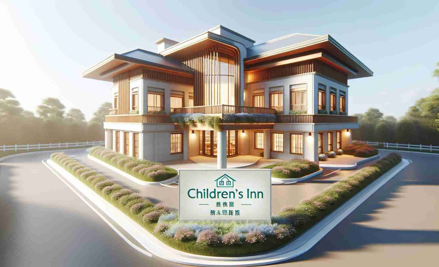 High-definition image of a large, welcoming building with a signboard that reads 'Children's Inn', signifying an expansion to accommodate and offer support to more needy families. The place should emit a sense of warmth and serenity, with ample amenities and facilities for children and families to feel at home and secure.