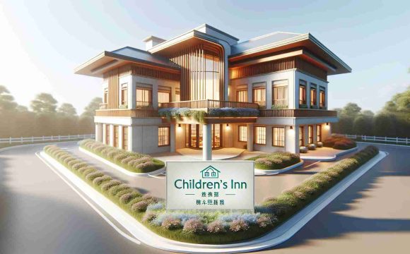 High-definition image of a large, welcoming building with a signboard that reads 'Children's Inn', signifying an expansion to accommodate and offer support to more needy families. The place should emit a sense of warmth and serenity, with ample amenities and facilities for children and families to feel at home and secure.