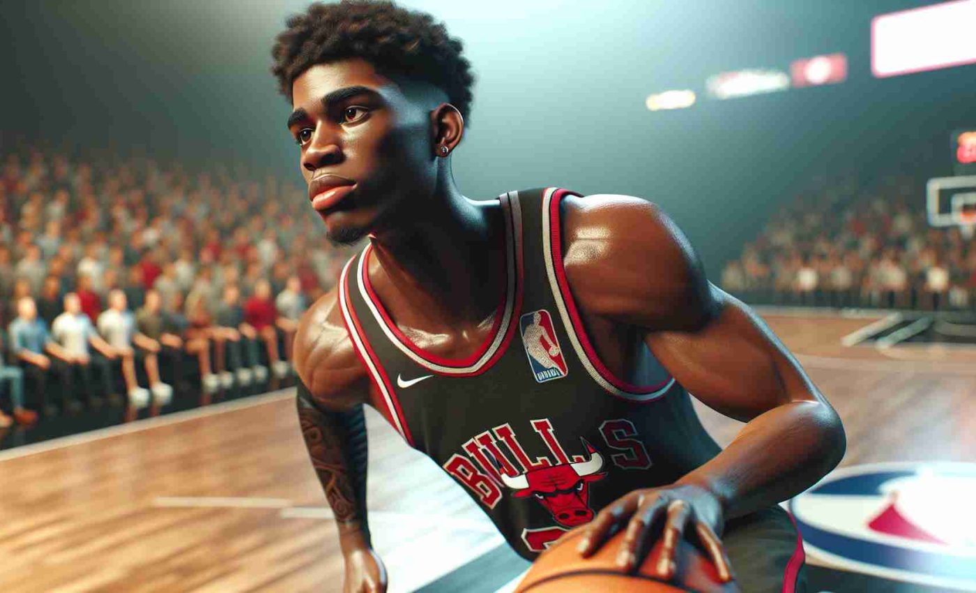 High definition, realistic illustration of a young, inexperienced basketball player from a team known for a bull-themed logo, experiencing challenges as his team unexpectedly performs well early in the season. The player is African American, in his athletic gear on the court, with a determined expression on his face, pushing himself to meet expectations. The court is buzzing with spectators, each filled with anticipation for the next play.