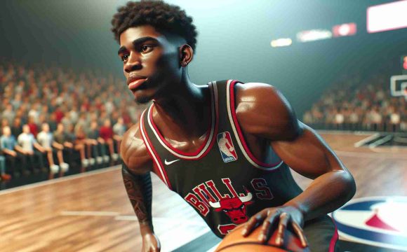 High definition, realistic illustration of a young, inexperienced basketball player from a team known for a bull-themed logo, experiencing challenges as his team unexpectedly performs well early in the season. The player is African American, in his athletic gear on the court, with a determined expression on his face, pushing himself to meet expectations. The court is buzzing with spectators, each filled with anticipation for the next play.