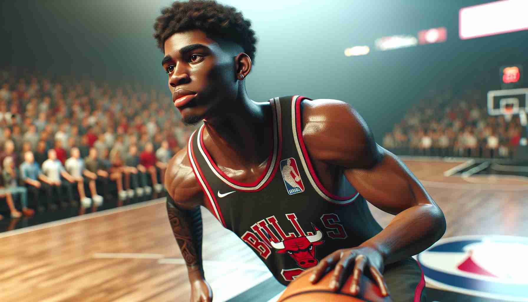 High definition, realistic illustration of a young, inexperienced basketball player from a team known for a bull-themed logo, experiencing challenges as his team unexpectedly performs well early in the season. The player is African American, in his athletic gear on the court, with a determined expression on his face, pushing himself to meet expectations. The court is buzzing with spectators, each filled with anticipation for the next play.