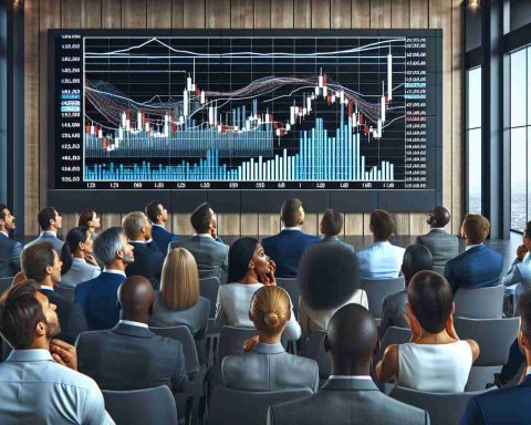 Produce a realistic HD image of a diverse group of investors exhibiting surprise and disappointment. They are all attentively observing a large screen displaying financial charts showing unimpressive projections for a hypothetical company named 'Megaport Ltd'. The scene could include elements such as modern office interiors, individuals from various descents including Caucasian, Hispanic, and Black investors, where the gender distribution is equally split among them.