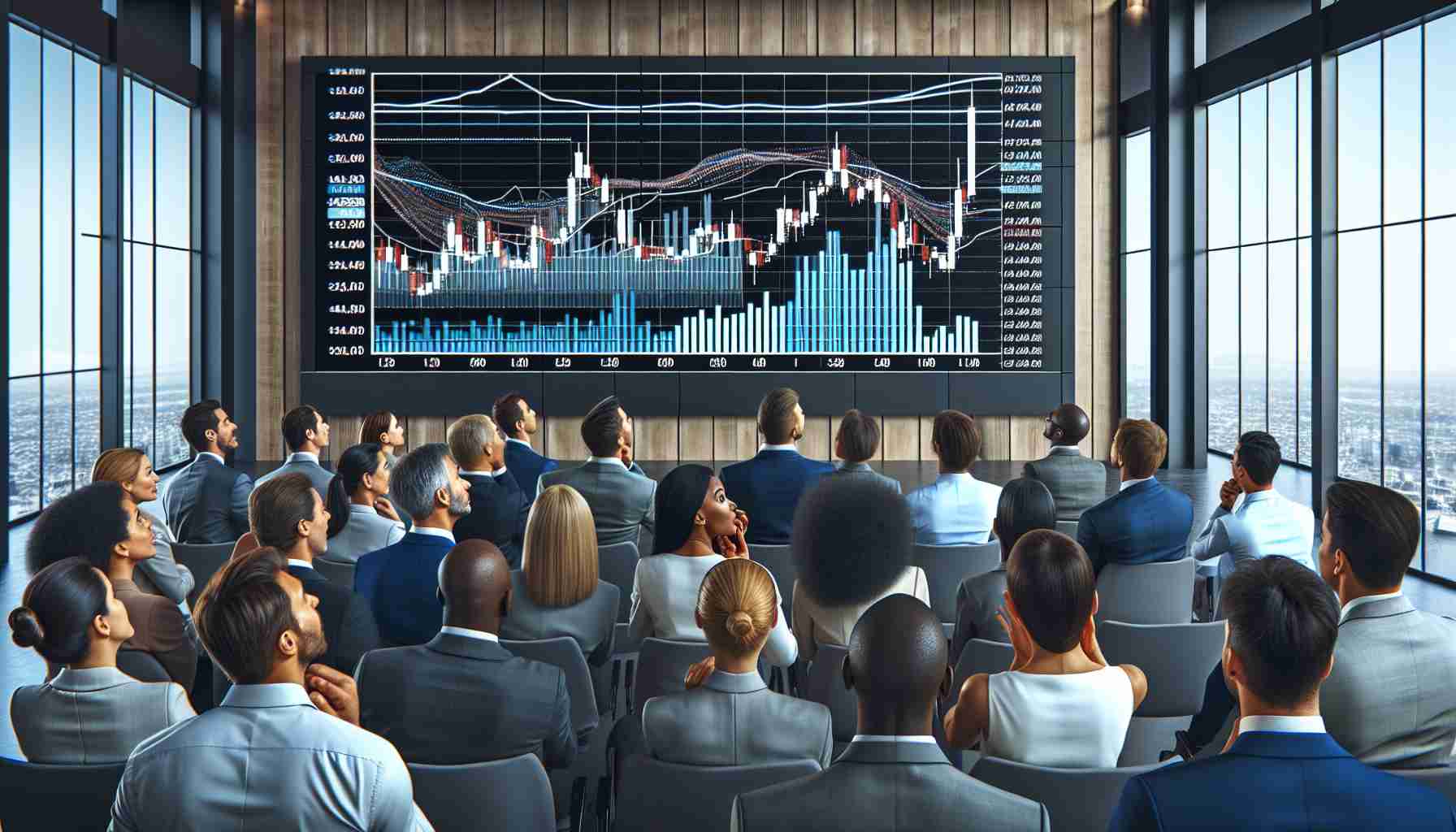 Produce a realistic HD image of a diverse group of investors exhibiting surprise and disappointment. They are all attentively observing a large screen displaying financial charts showing unimpressive projections for a hypothetical company named 'Megaport Ltd'. The scene could include elements such as modern office interiors, individuals from various descents including Caucasian, Hispanic, and Black investors, where the gender distribution is equally split among them.