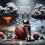 A realistic high-definition image depicting a metaphorical scene linked to the struggles of a basketball team after winning a championship. The visual narrative can include a deflated basketball, a fractured trophy, dark clouds above a basketball court, or any other symbols that represent the concept of difficulty and uncertainty about the future.