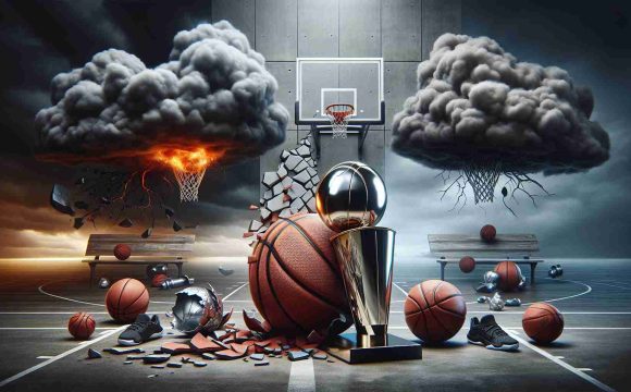 A realistic high-definition image depicting a metaphorical scene linked to the struggles of a basketball team after winning a championship. The visual narrative can include a deflated basketball, a fractured trophy, dark clouds above a basketball court, or any other symbols that represent the concept of difficulty and uncertainty about the future.