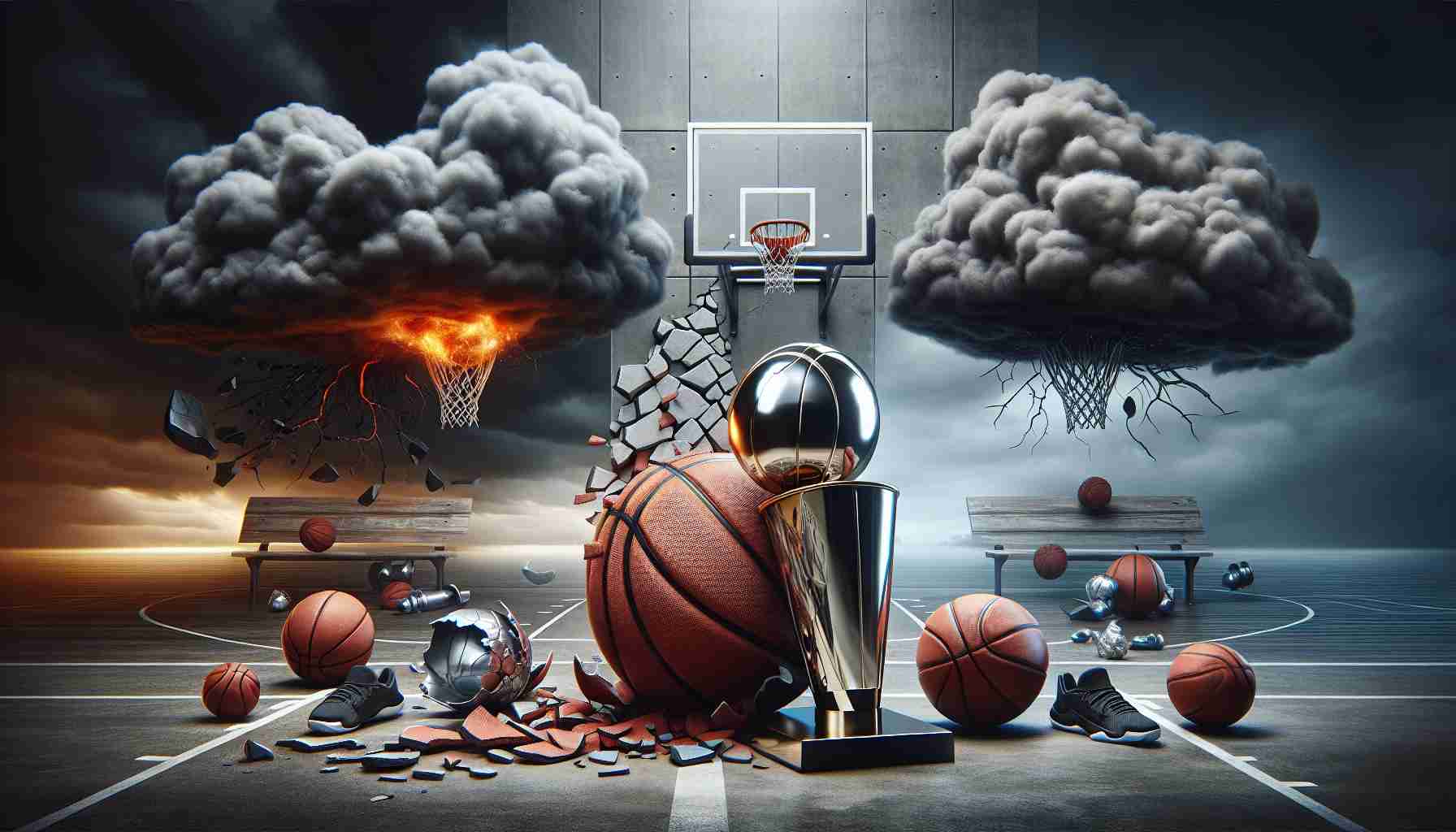 A realistic high-definition image depicting a metaphorical scene linked to the struggles of a basketball team after winning a championship. The visual narrative can include a deflated basketball, a fractured trophy, dark clouds above a basketball court, or any other symbols that represent the concept of difficulty and uncertainty about the future.