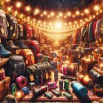 An elaborate, high-definition photograph showcasing an array of holiday deals on outdoor equipment and everyday carry essentials. The scene could involve discount tags hanging off colorful backpacks, camping equipment, sleeping bags, hiking boots, multicolor multitools, and compact flashlights, all set against warm, twinkling holiday lights and festive decorations. The atmosphere should have the vibrancy of an inviting outdoor supply store getting ready for a bustling holiday season sale.