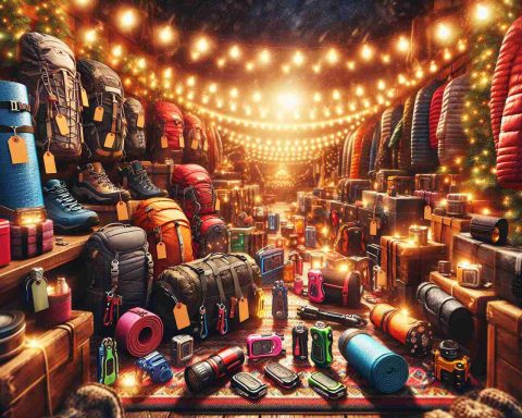 An elaborate, high-definition photograph showcasing an array of holiday deals on outdoor equipment and everyday carry essentials. The scene could involve discount tags hanging off colorful backpacks, camping equipment, sleeping bags, hiking boots, multicolor multitools, and compact flashlights, all set against warm, twinkling holiday lights and festive decorations. The atmosphere should have the vibrancy of an inviting outdoor supply store getting ready for a bustling holiday season sale.