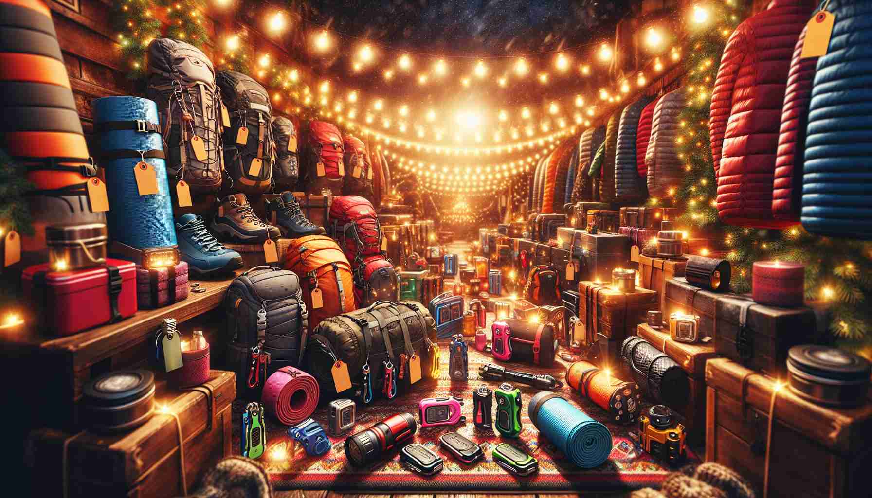 An elaborate, high-definition photograph showcasing an array of holiday deals on outdoor equipment and everyday carry essentials. The scene could involve discount tags hanging off colorful backpacks, camping equipment, sleeping bags, hiking boots, multicolor multitools, and compact flashlights, all set against warm, twinkling holiday lights and festive decorations. The atmosphere should have the vibrancy of an inviting outdoor supply store getting ready for a bustling holiday season sale.