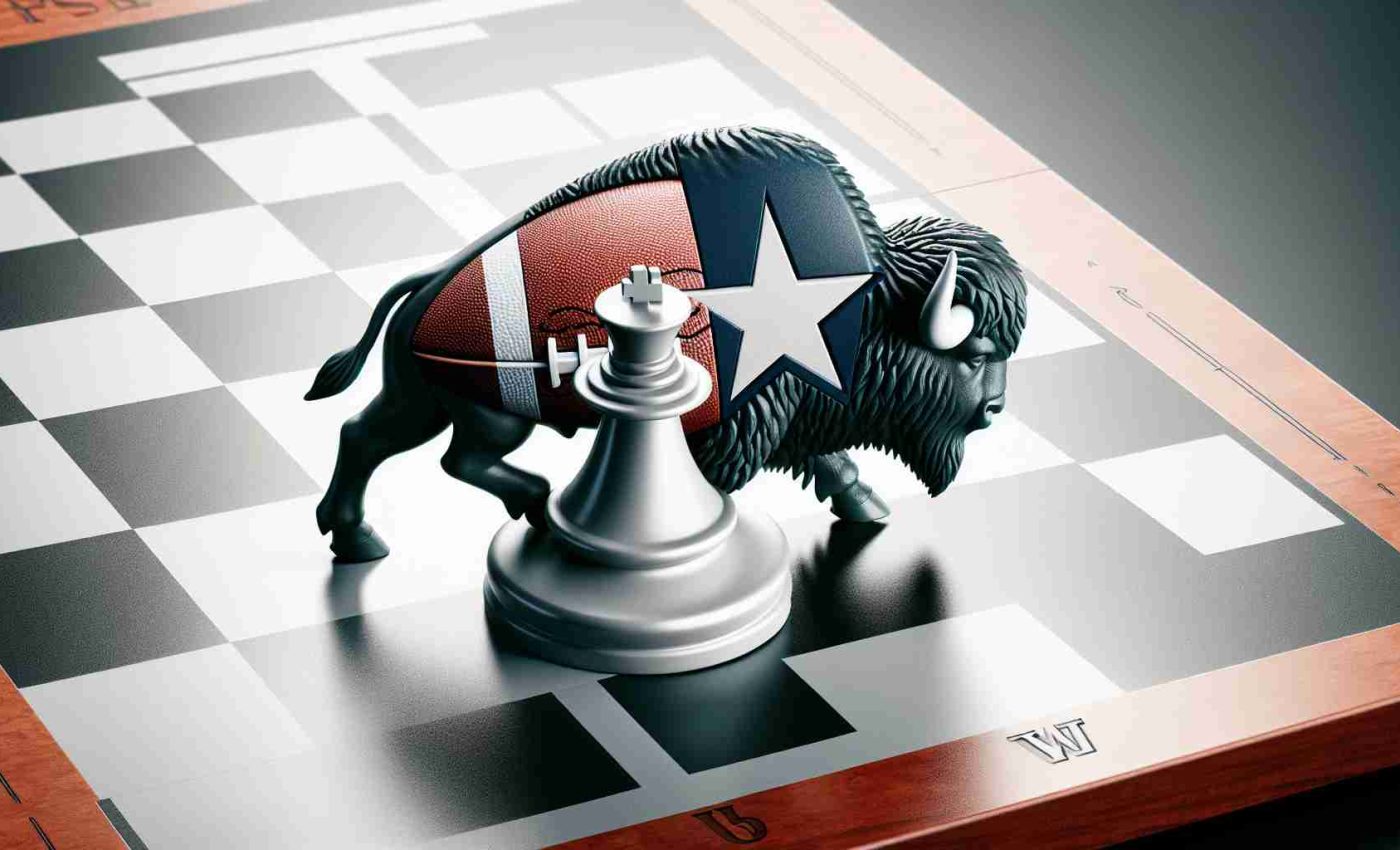 Realistically detailed image of a bold, metaphorical representation of a football team, symbolized by a buffalo, making a strategic move on a chess board to reacquire their star piece. The star piece signifies a defensive player in the context of an American football game.