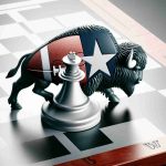 Realistically detailed image of a bold, metaphorical representation of a football team, symbolized by a buffalo, making a strategic move on a chess board to reacquire their star piece. The star piece signifies a defensive player in the context of an American football game.