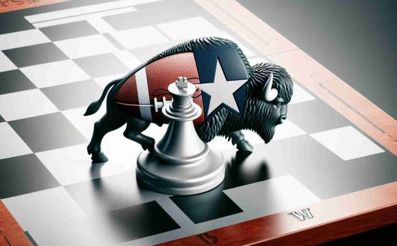 Realistically detailed image of a bold, metaphorical representation of a football team, symbolized by a buffalo, making a strategic move on a chess board to reacquire their star piece. The star piece signifies a defensive player in the context of an American football game.