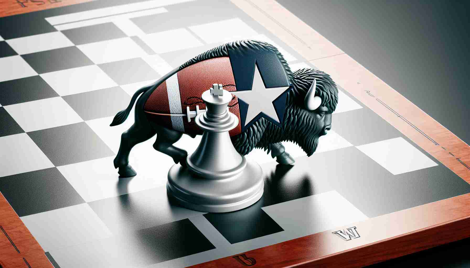 Realistically detailed image of a bold, metaphorical representation of a football team, symbolized by a buffalo, making a strategic move on a chess board to reacquire their star piece. The star piece signifies a defensive player in the context of an American football game.