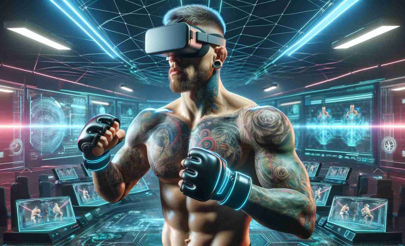 A highly detailed depiction of a muscular, tattooed male athlete, with a similar physique and facial features to a famous Irish mixed martial artist, exploring his future in a virtual reality setting. He's donning a sleek, high-tech VR headset and his fists are encased in digital gloves. The scene is filled with neon lights, realistic 3D interfaces, and futuristic settings, suggesting an exciting next chapter in his career - could this possibly reveal the next knockout?