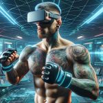 A highly detailed depiction of a muscular, tattooed male athlete, with a similar physique and facial features to a famous Irish mixed martial artist, exploring his future in a virtual reality setting. He's donning a sleek, high-tech VR headset and his fists are encased in digital gloves. The scene is filled with neon lights, realistic 3D interfaces, and futuristic settings, suggesting an exciting next chapter in his career - could this possibly reveal the next knockout?