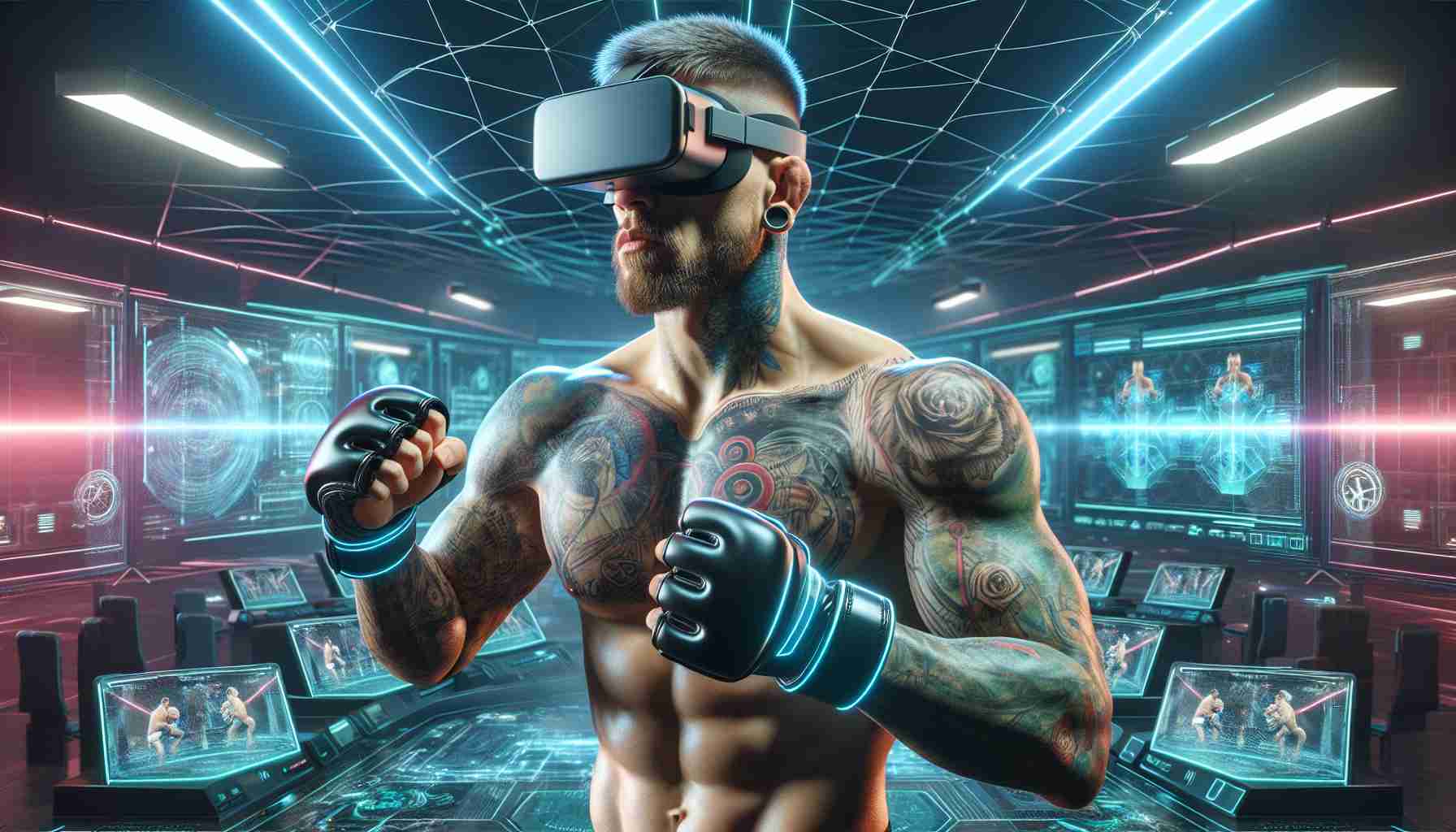 A highly detailed depiction of a muscular, tattooed male athlete, with a similar physique and facial features to a famous Irish mixed martial artist, exploring his future in a virtual reality setting. He's donning a sleek, high-tech VR headset and his fists are encased in digital gloves. The scene is filled with neon lights, realistic 3D interfaces, and futuristic settings, suggesting an exciting next chapter in his career - could this possibly reveal the next knockout?