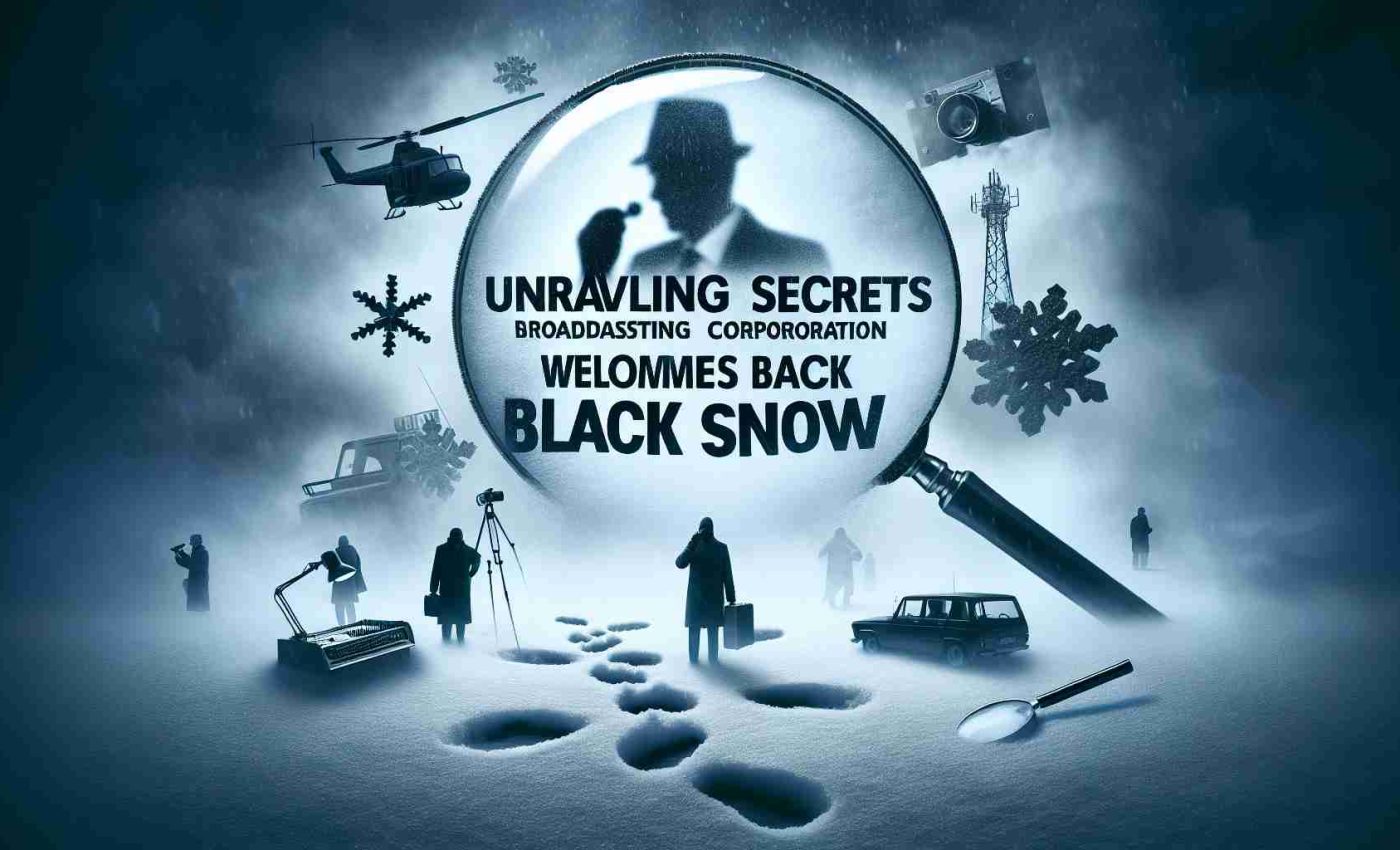 A realistic, high definition image portraying the essence of a compelling crime thriller represented by a text that reads 'Unraveling Secrets: Broadcasting Corporation Welcomes Back Black Snow', a metaphorical crime drama. The image might incorporate suspenseful elements signifying the genre, such as a foggy backdrop, shadowy figures, magnifying glasses, crime scenes or mysterious footprints in snowy terrain.