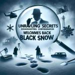 A realistic, high definition image portraying the essence of a compelling crime thriller represented by a text that reads 'Unraveling Secrets: Broadcasting Corporation Welcomes Back Black Snow', a metaphorical crime drama. The image might incorporate suspenseful elements signifying the genre, such as a foggy backdrop, shadowy figures, magnifying glasses, crime scenes or mysterious footprints in snowy terrain.