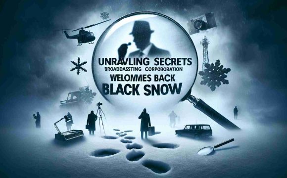 A realistic, high definition image portraying the essence of a compelling crime thriller represented by a text that reads 'Unraveling Secrets: Broadcasting Corporation Welcomes Back Black Snow', a metaphorical crime drama. The image might incorporate suspenseful elements signifying the genre, such as a foggy backdrop, shadowy figures, magnifying glasses, crime scenes or mysterious footprints in snowy terrain.