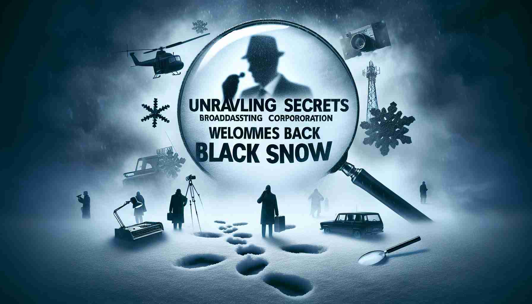 A realistic, high definition image portraying the essence of a compelling crime thriller represented by a text that reads 'Unraveling Secrets: Broadcasting Corporation Welcomes Back Black Snow', a metaphorical crime drama. The image might incorporate suspenseful elements signifying the genre, such as a foggy backdrop, shadowy figures, magnifying glasses, crime scenes or mysterious footprints in snowy terrain.