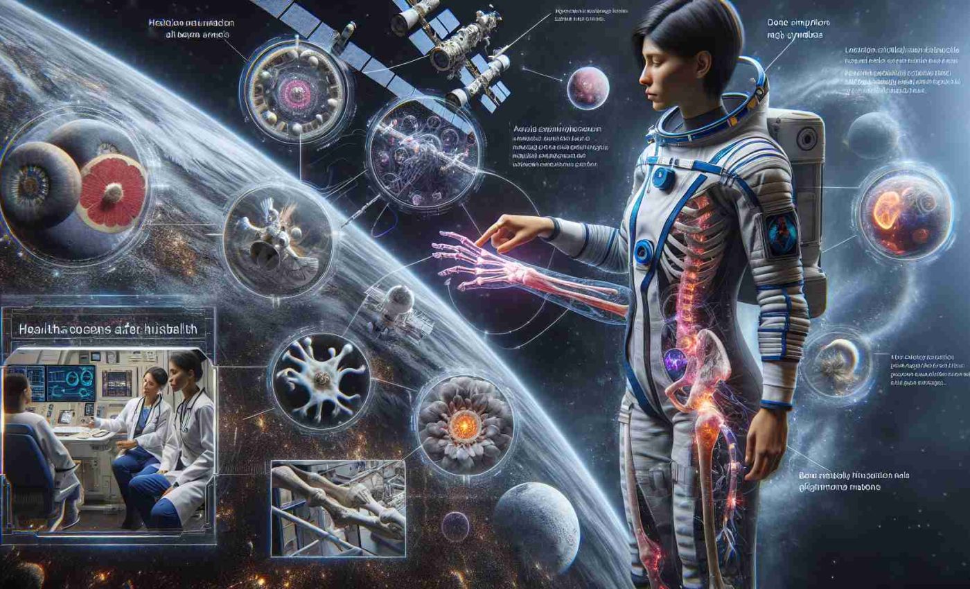 A realistic, high-definition picture illustrating the concept of health concerns after a prolonged stay in space, presented through the narrative of a South Asian female astronaut, not based on any real individuals. Could include elements like space station environment, physical symptoms, medical equipment, and possibly a visualization of bone and muscle mass changes that might occur due to extended navigation in zero gravity.