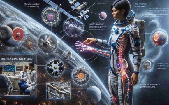 A realistic, high-definition picture illustrating the concept of health concerns after a prolonged stay in space, presented through the narrative of a South Asian female astronaut, not based on any real individuals. Could include elements like space station environment, physical symptoms, medical equipment, and possibly a visualization of bone and muscle mass changes that might occur due to extended navigation in zero gravity.