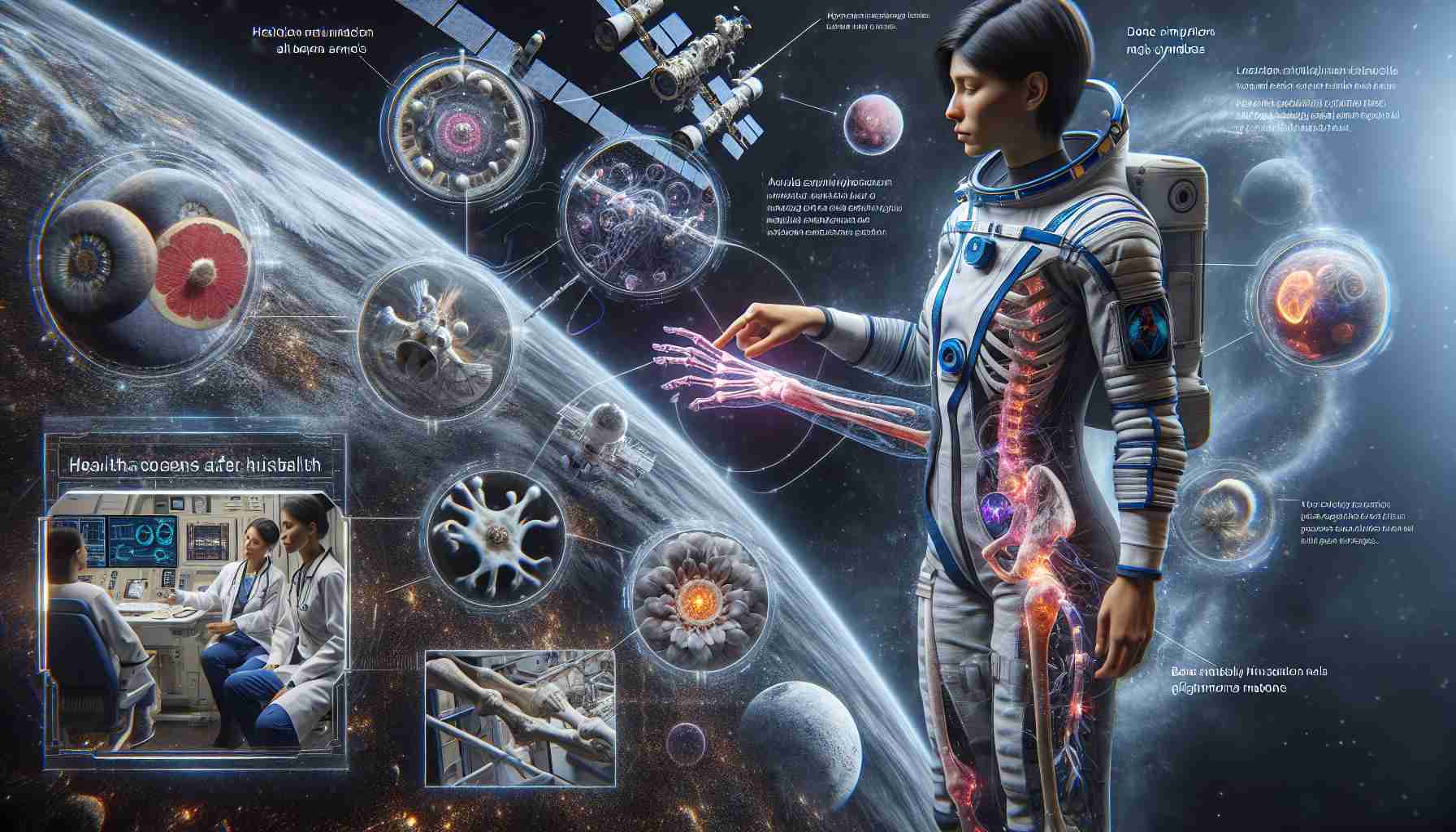 A realistic, high-definition picture illustrating the concept of health concerns after a prolonged stay in space, presented through the narrative of a South Asian female astronaut, not based on any real individuals. Could include elements like space station environment, physical symptoms, medical equipment, and possibly a visualization of bone and muscle mass changes that might occur due to extended navigation in zero gravity.