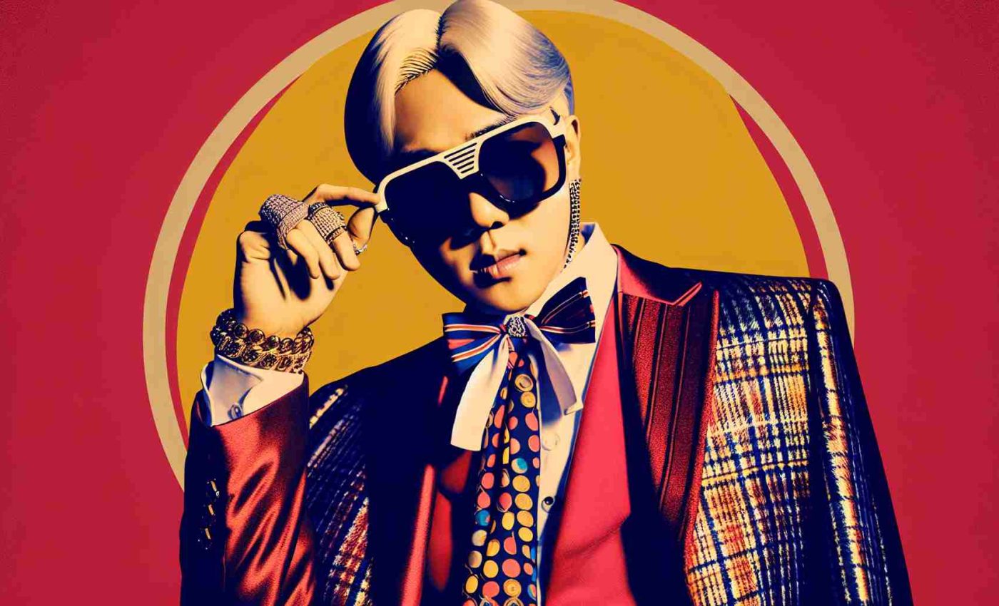 Generate an image presenting a triumphant return of a skilled South Korean rapper with his new single titled 'POWER'. This individual is lavishly dressed, known for his bold and fashion-forward style. Please include the title 'POWER' in a catchy font.