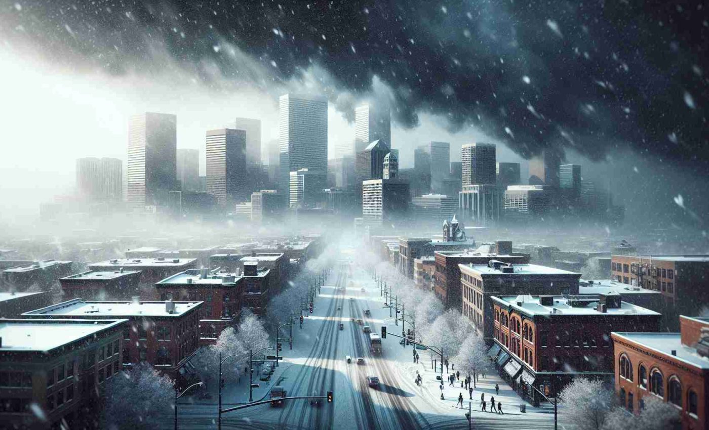 Realistic high-definition image of the city of Denver being hit by a heavy snowstorm, signifying the return of the winter season. The snow is falling gently on the city's landmarks, streets are covered in a fresh layer of white and people are seen hurriedly navigating the weather. Imminent, darker clouds at the edge of the frame suggest a promise of more snow to come.