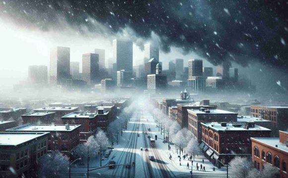 Realistic high-definition image of the city of Denver being hit by a heavy snowstorm, signifying the return of the winter season. The snow is falling gently on the city's landmarks, streets are covered in a fresh layer of white and people are seen hurriedly navigating the weather. Imminent, darker clouds at the edge of the frame suggest a promise of more snow to come.