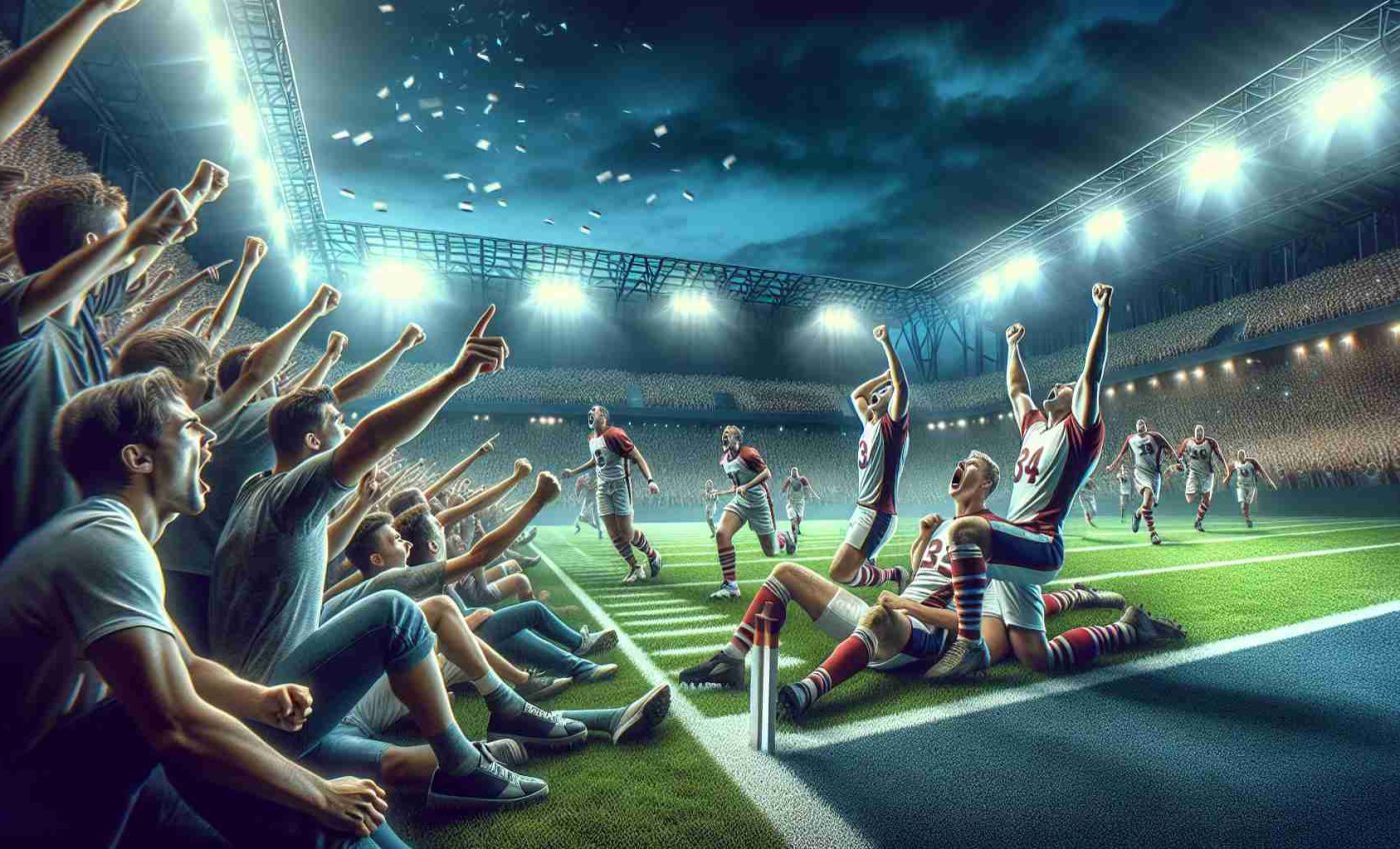 Create a high-definition, realistic image of an exciting sports event. The image should capture the moment of an unexpected victory. The teams playing are considered underdogs, and their triumph has caused a great surprise. The crowd in the stands should react with awe, shock and excitement. The athletes' faces should reflect a mix of exhaustion, relief, and joy. The scene is set on a well-maintained grass field under bright stadium lights.