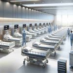 Generate a high-definition, realistic image showcasing the arrival of new hospital beds in North Bay. The image should display the bed arrangement in a clean and modern healthcare facility. It could feature an open space, naturally lit with sunlight, filled with rows of sleek, sanitized beds. Medical equipment and hospital staff, wearing their uniforms and performing their duties, are in the background to highlight the hospital's readiness to provide improved healthcare services.