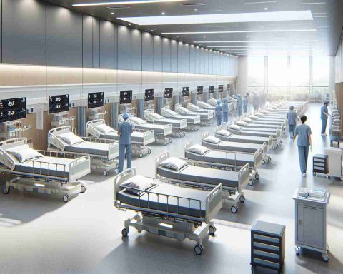 Generate a high-definition, realistic image showcasing the arrival of new hospital beds in North Bay. The image should display the bed arrangement in a clean and modern healthcare facility. It could feature an open space, naturally lit with sunlight, filled with rows of sleek, sanitized beds. Medical equipment and hospital staff, wearing their uniforms and performing their duties, are in the background to highlight the hospital's readiness to provide improved healthcare services.