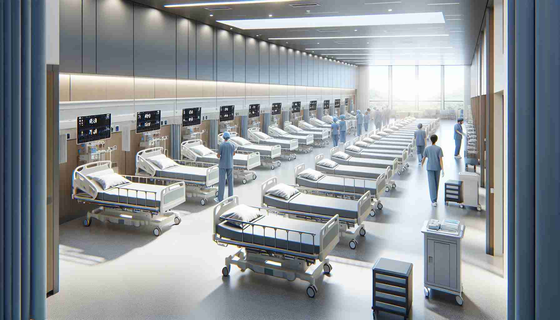 Generate a high-definition, realistic image showcasing the arrival of new hospital beds in North Bay. The image should display the bed arrangement in a clean and modern healthcare facility. It could feature an open space, naturally lit with sunlight, filled with rows of sleek, sanitized beds. Medical equipment and hospital staff, wearing their uniforms and performing their duties, are in the background to highlight the hospital's readiness to provide improved healthcare services.